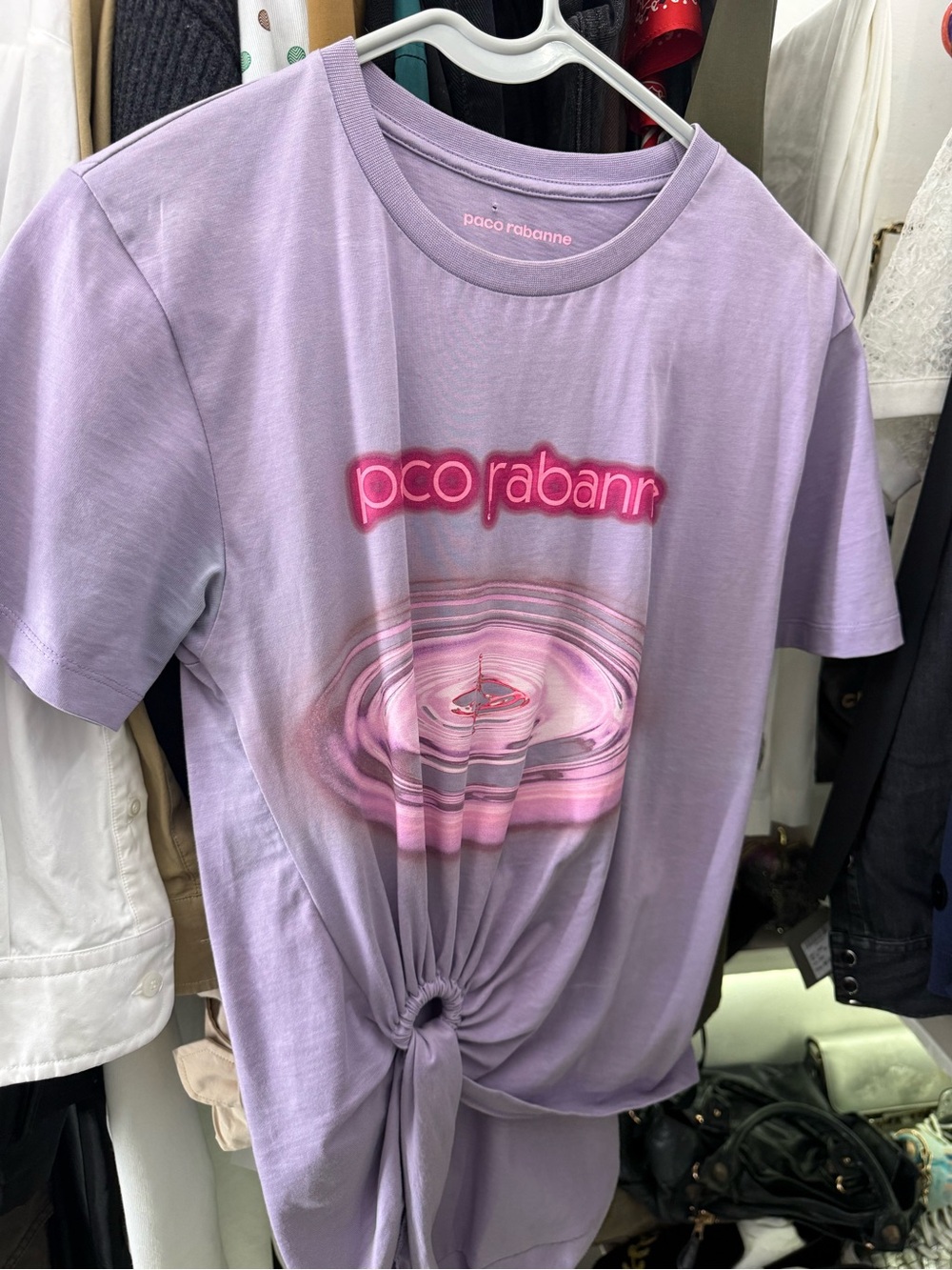Paco Rabanne Lavender Short Sleeve Graphic Tee with Pink Logo